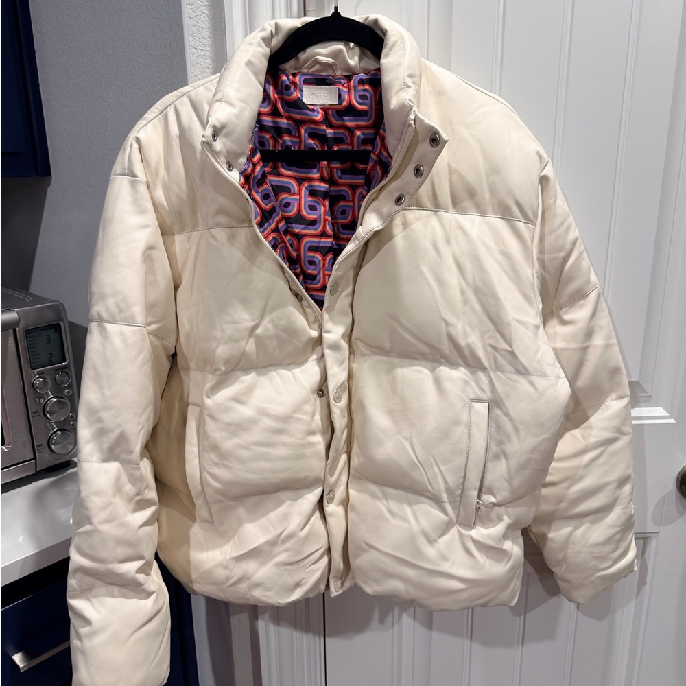 MOTHER Cream Vegan Puffer Jacket - Vibrant Multicolor Patterned Lining